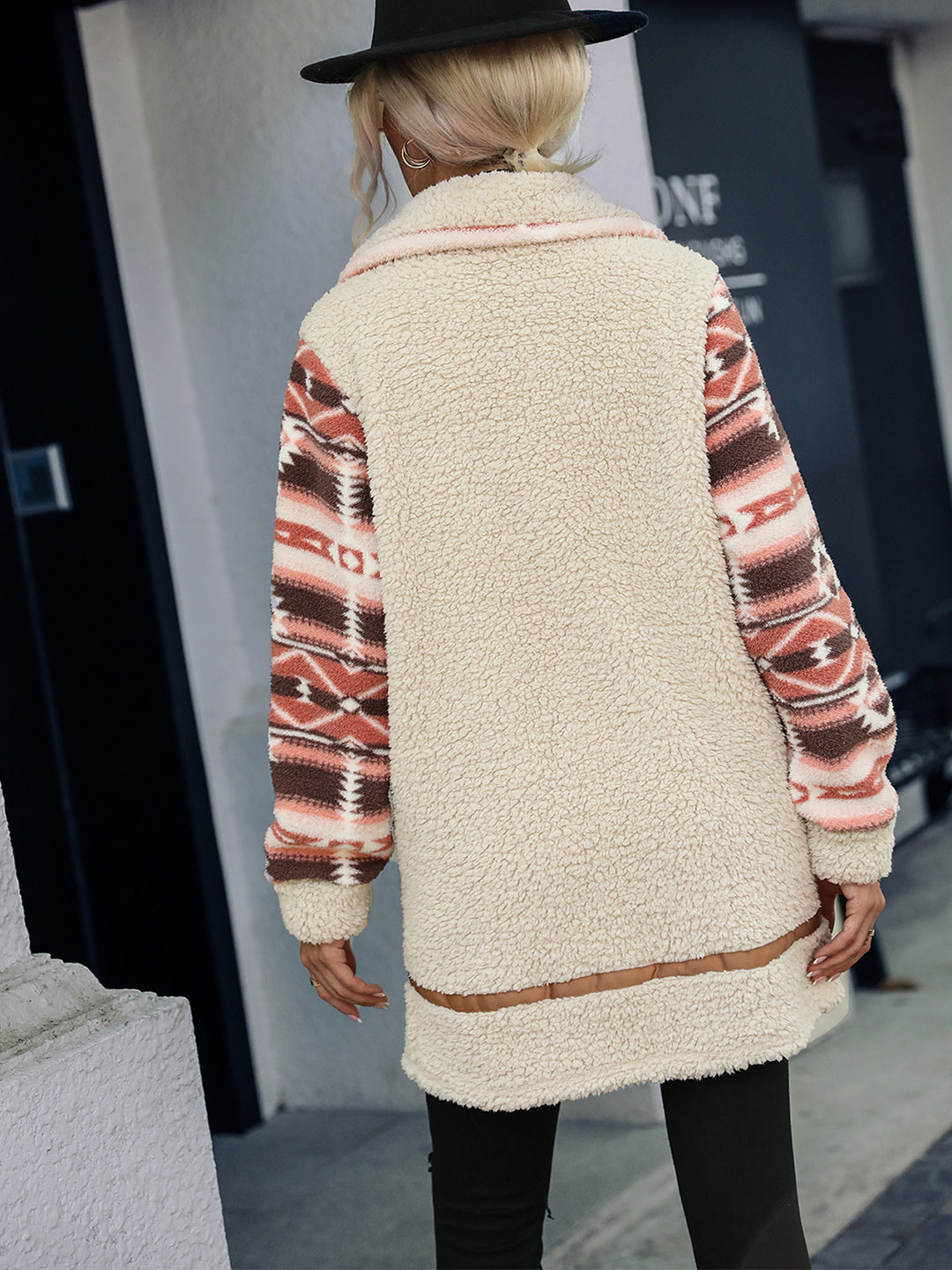 Geometric Zip-Up Collared Sherpa Jacket