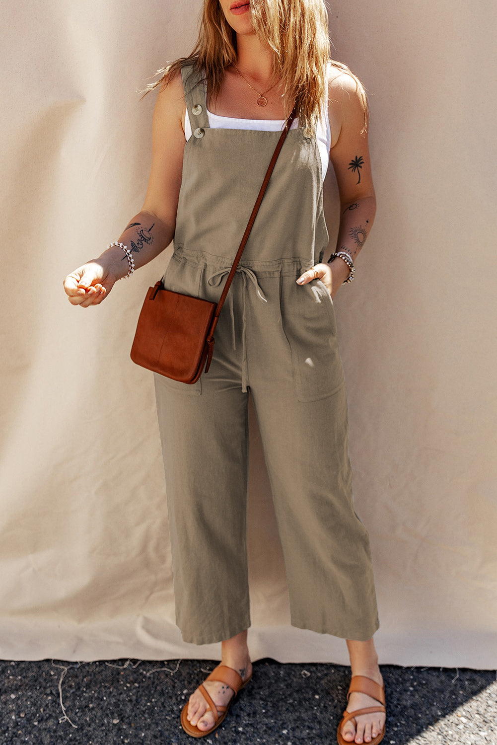 Drawstring Wide Strap Overalls with Pockets