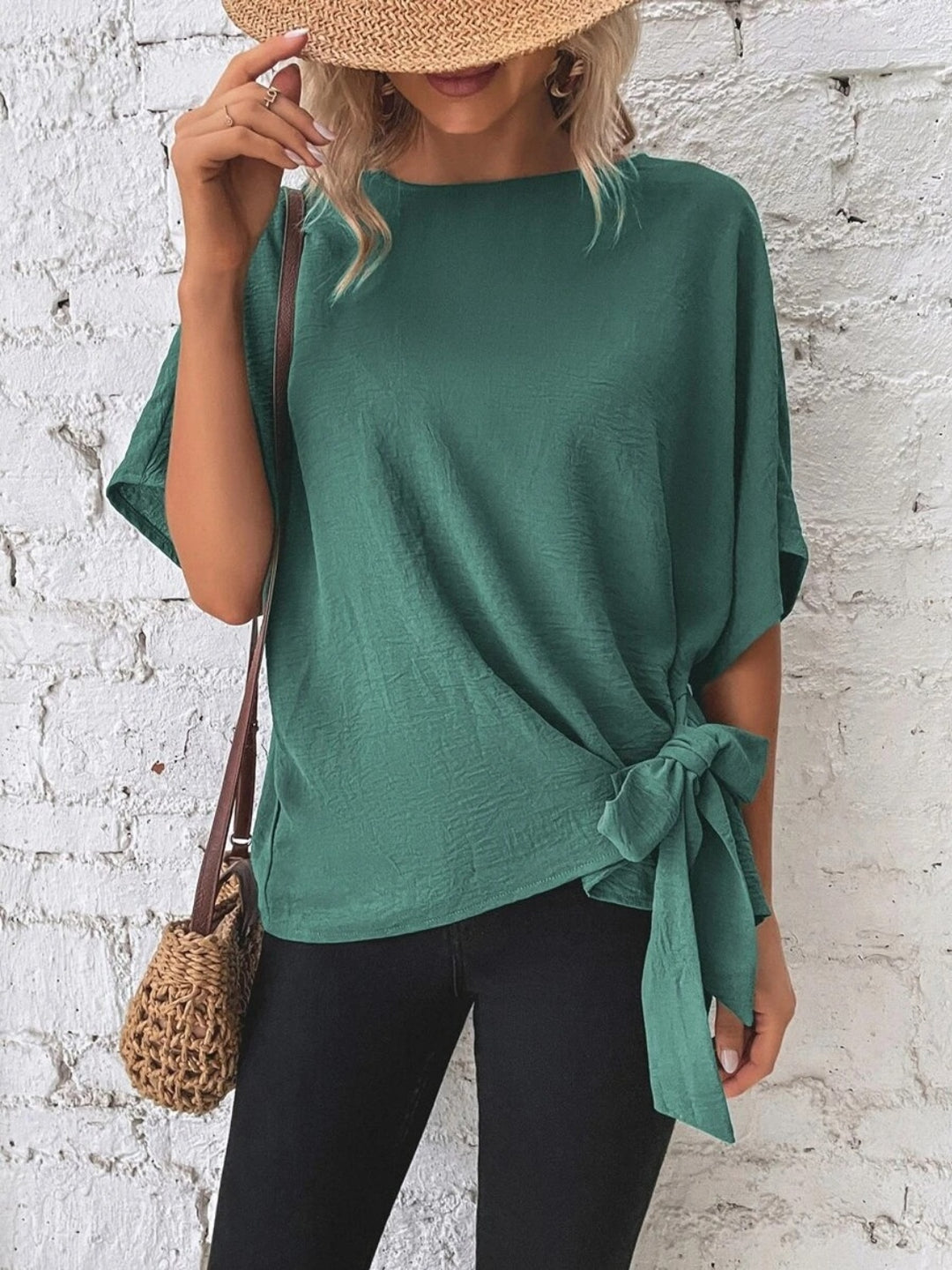 Knotted Round Neck Half Sleeve Blouse