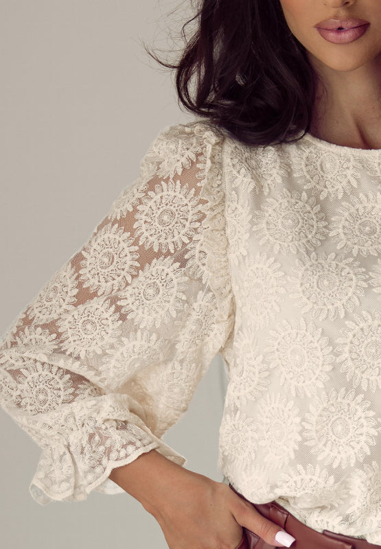 Flower Jacquard Flounce Sleeve Blouse