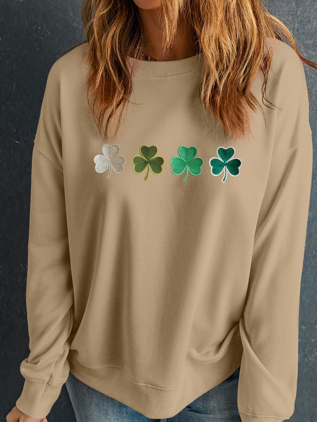 Embroidered Clover Pattern Round Neck Sweatshirt