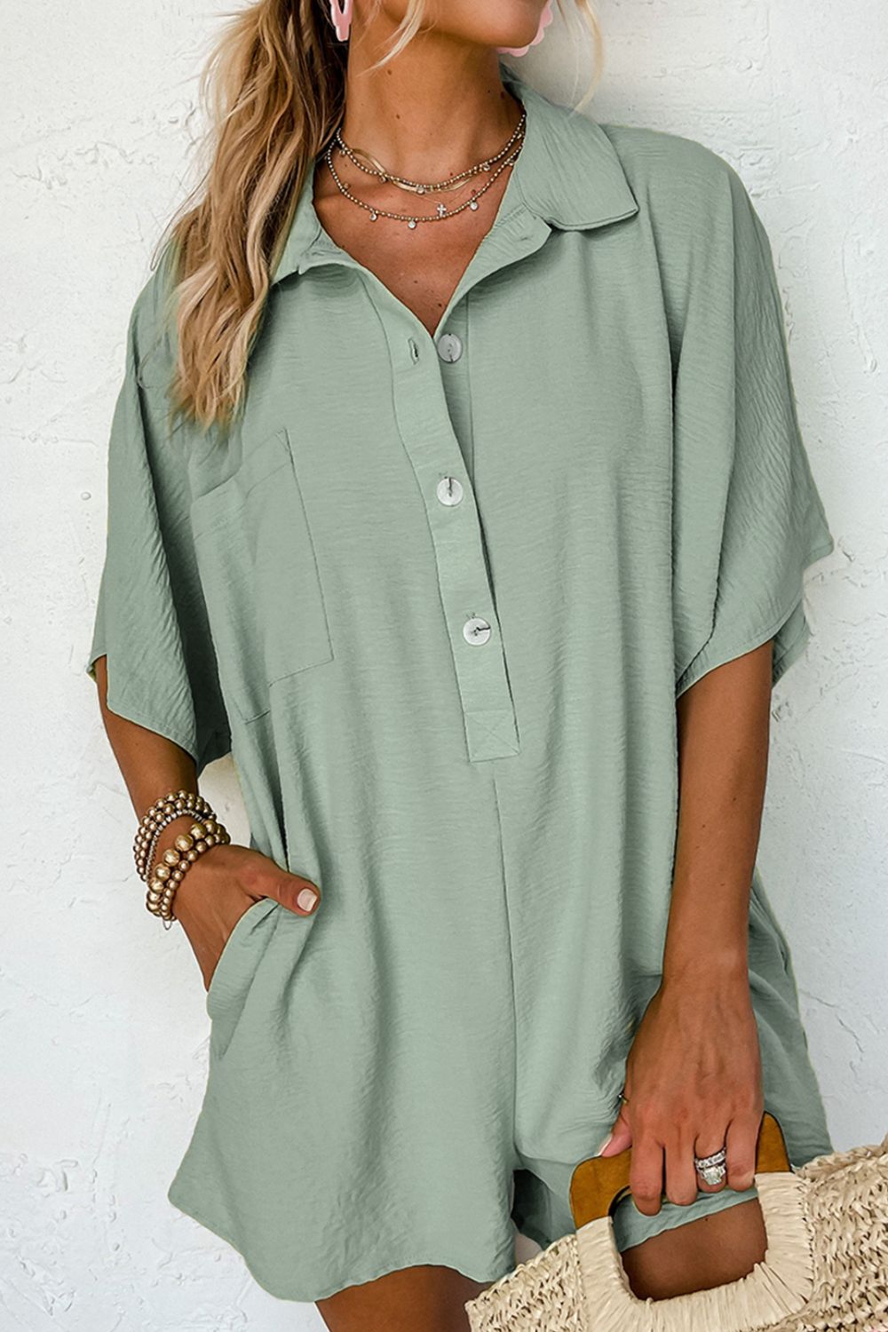 Half Button Collared Neck Romper