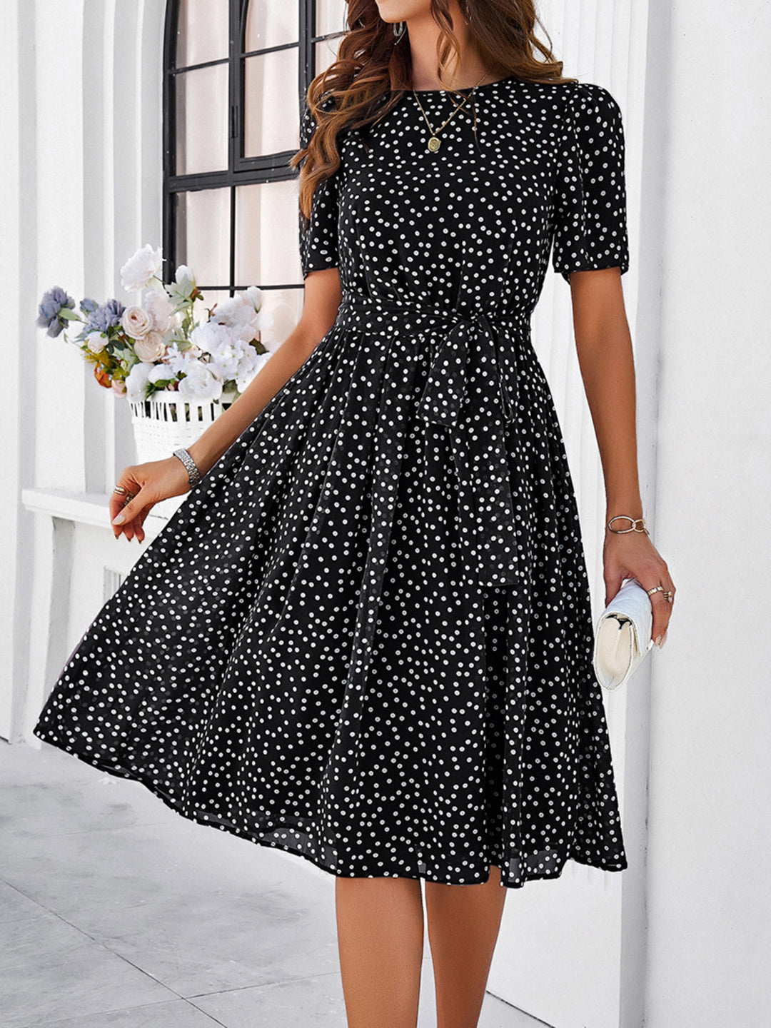 Printed Round Neck Short Sleeve Dress